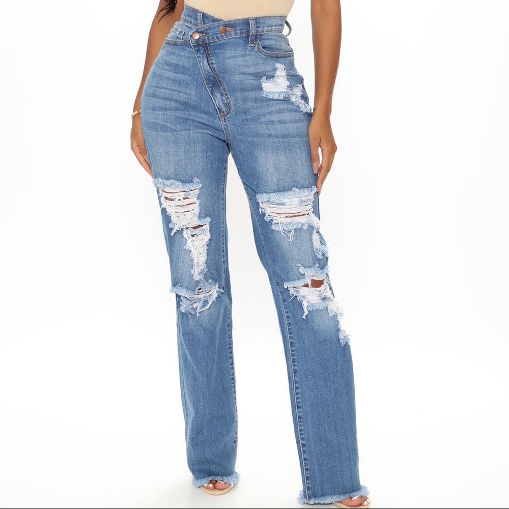 Fashion Nova - Don't Get Crossed Over Slouch Fit Jeans - Medium Blue Wash
